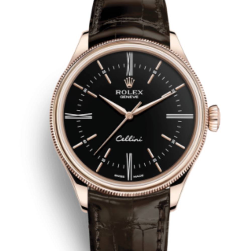 Rolex Cellini Time 39mm - Ref: 50505-0008 - Black Index & Roman Numeral Dial, Domed & Fluted Double Bezel, 18K Rose Gold & Tobacco Brown Leather Strap Watch