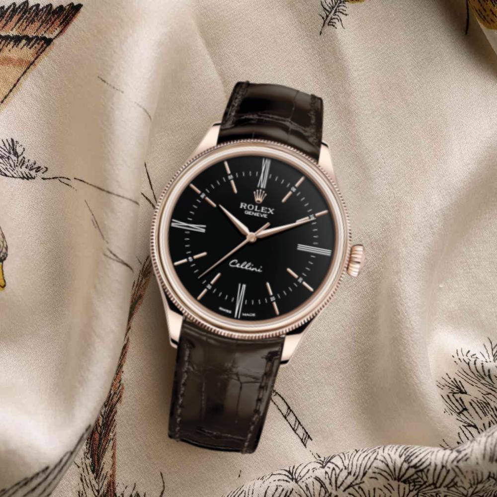 Rolex Cellini Time 39mm - Ref: 50505-0008 - Black Index & Roman Numeral Dial, Domed & Fluted Double Bezel, 18K Rose Gold & Tobacco Brown Leather Strap Watch