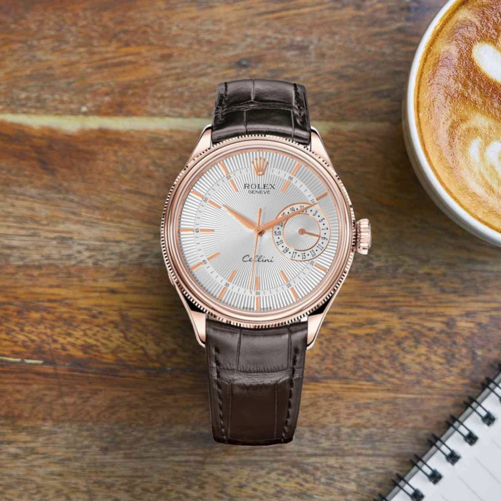 Rolex Cellini Time 39mm - Ref: 50515-0008 - Silver Guilloche Index Dial, Domed & Fluted Double Bezel, 18K Rose Gold & Tobacco Brown Leather Strap Watch