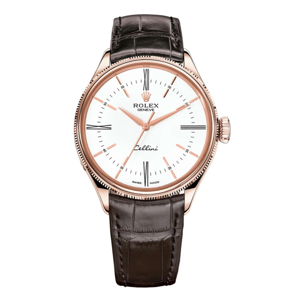 Rolex Cellini Time 39mm | Tobacco Leather strap | White dial | 18k Everose Gold Case Unisex Watch 50505-0020