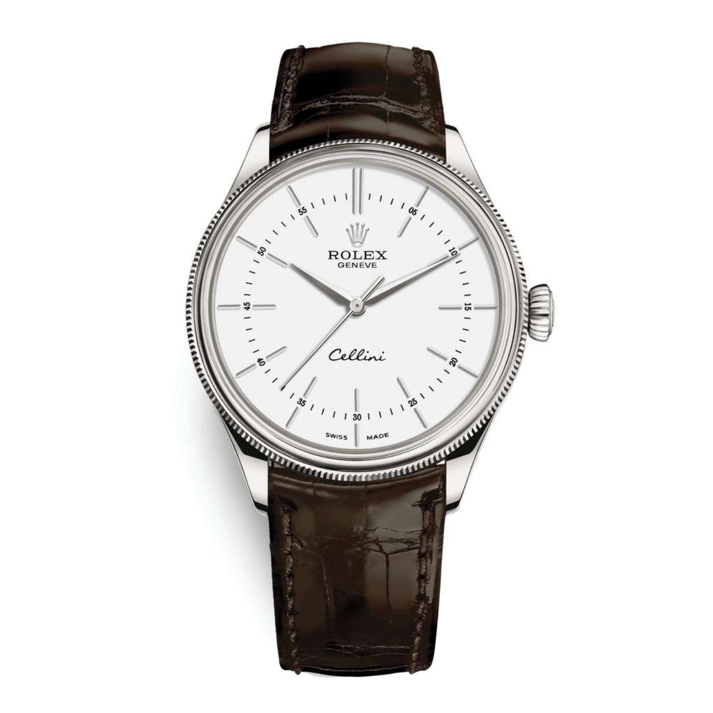 Rolex Cellini Time 39mm | Tobacco Leather strap | White dial | 18k White Gold Case Unisex Watch 50509-0017