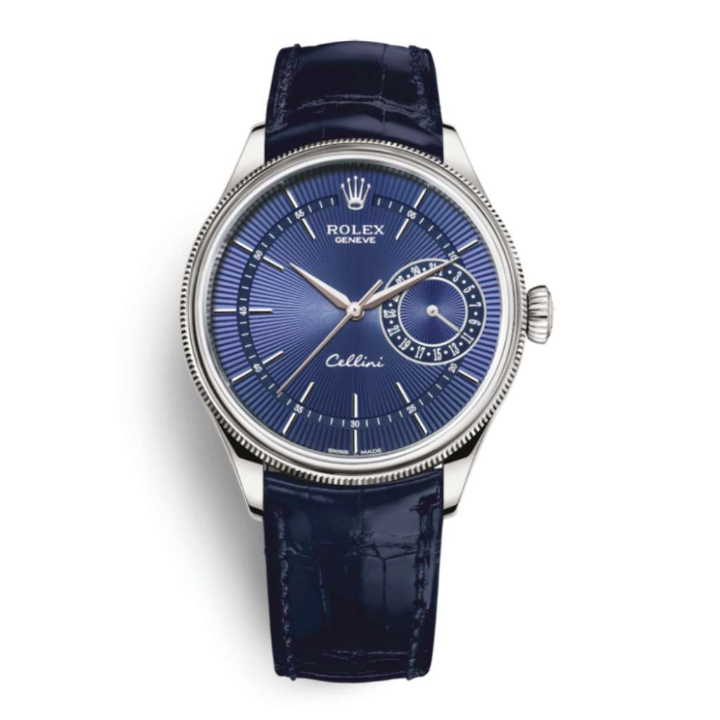 Rolex Cellini Time 39mm | Blue Leather strap | Blue guilloche dial | 18k White Gold Case Unisex Watch 50519-0011