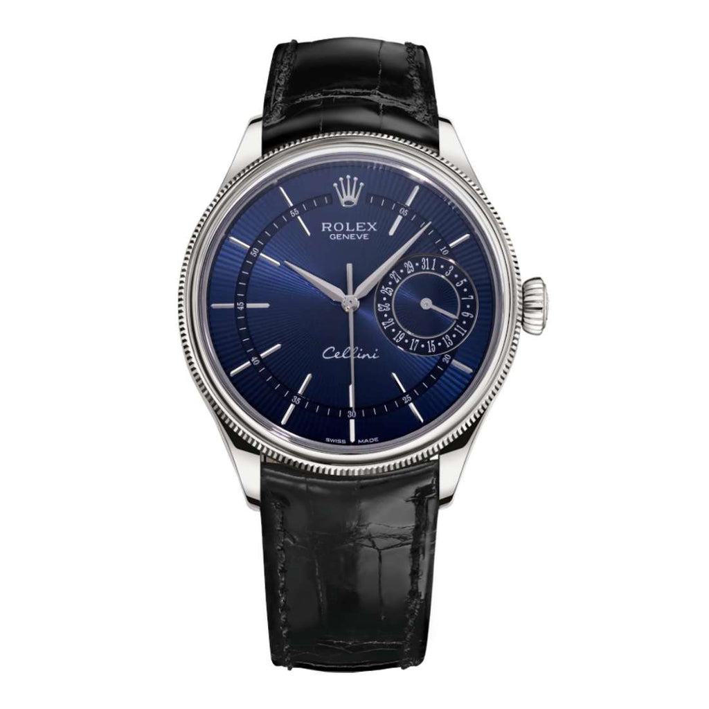 Rolex Cellini Time 39mm | Black Leather strap | Blue guilloche dial | 18k White Gold Case Unisex Watch 50519