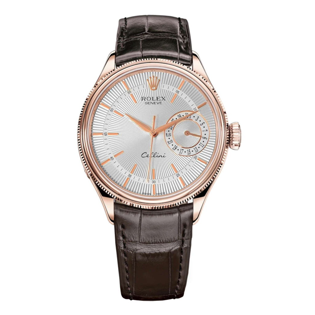 Rolex Cellini Time 39mm | Tobacco Leather strap | Silver guilloche dial | 18k Everose Gold Case Unisex Watch 50515-0008