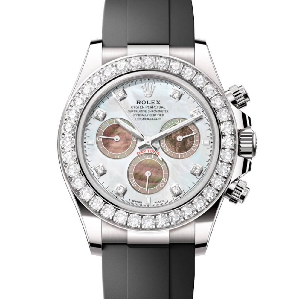 2024 Release Rolex Cosmograph Daytona 40 mm | Oysterflex bracelet | White and black mother-of-pearl dial Diamond bezel | 18k white gold Case Men's Watch 126589RBR