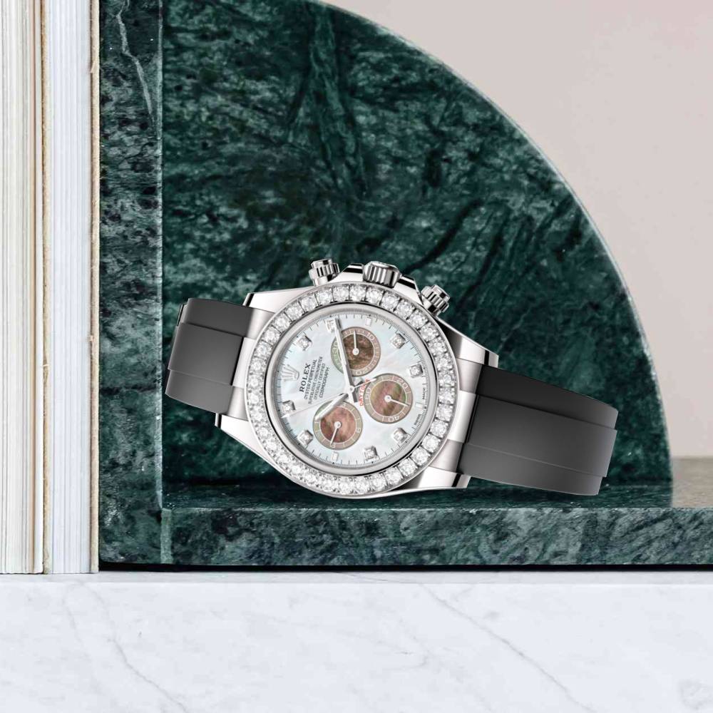 2024 Release Rolex Cosmograph Daytona 40 mm | Oysterflex bracelet | White and black mother-of-pearl dial Diamond bezel | 18k white gold Case Men's Watch 126589RBR