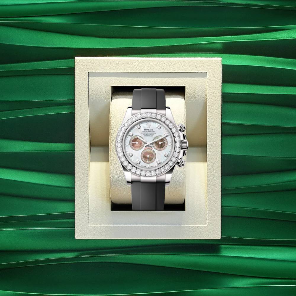 2024 Release Rolex Cosmograph Daytona 40 mm | Oysterflex bracelet | White and black mother-of-pearl dial Diamond bezel | 18k white gold Case Men's Watch 126589RBR