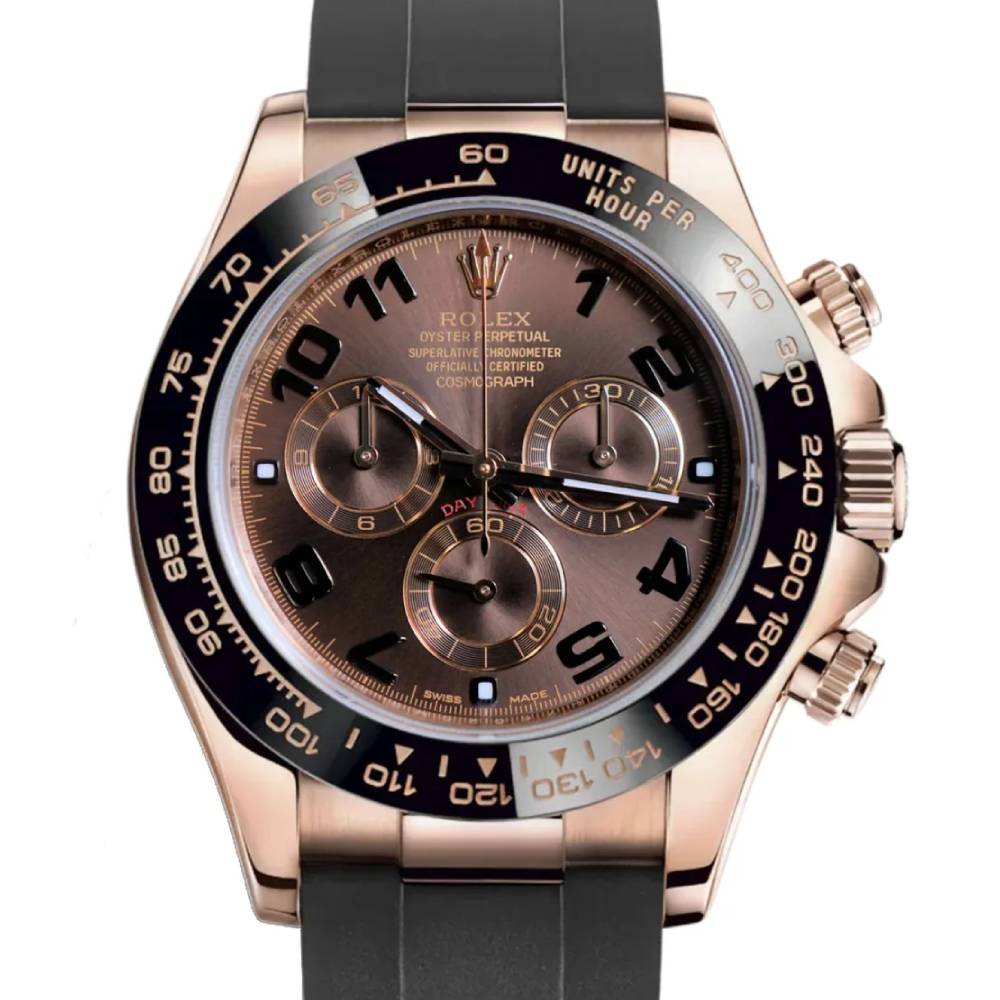 Rolex Cosmograph Daytona 40mm - Ref: 116515 LNchoof - Chocolate Arabic Numerals Dial & Ceramic Bezel, 18K Rose Gold Case Black Oysterflex Bracelet Men's Watch