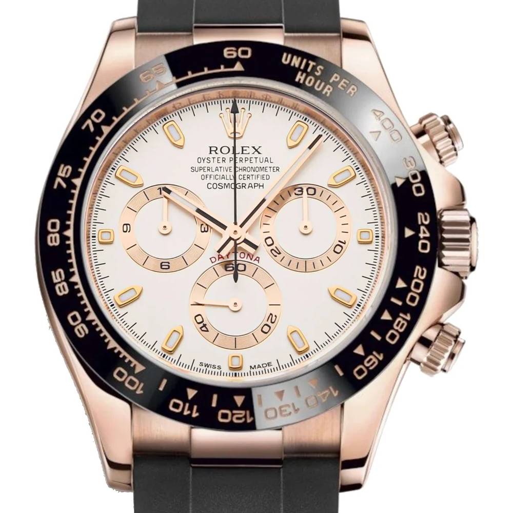 Rolex Cosmograph Daytona 40mm - Ref: 116515ln-0019 - Ivory Index Dial & Ceramic Bezel, 18K Rose Gold Case Black Oysterflex Bracelet Men's Watch