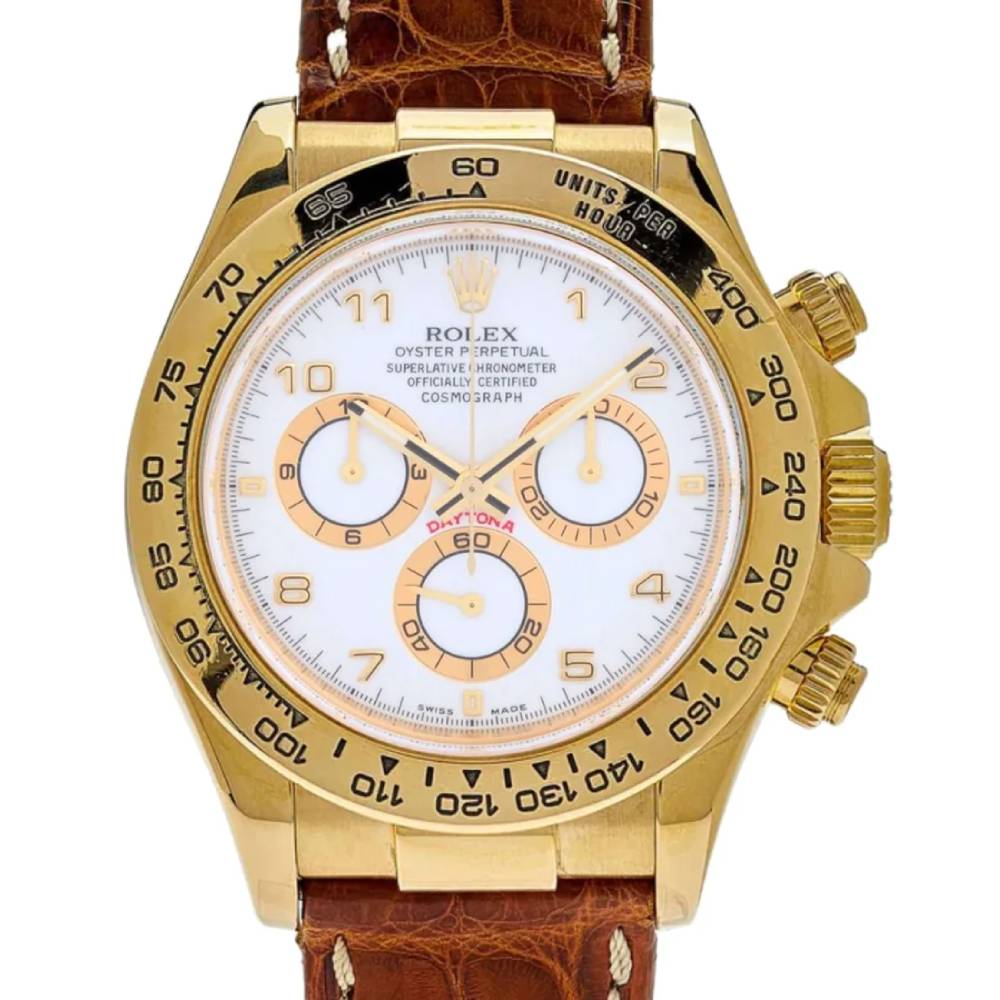 Rolex Cosmograph Daytona 40mm - Ref: 116518 wd - White Arabic Numerals Dial, 18K Yellow Gold & Brown Leather Strap Men's Watch