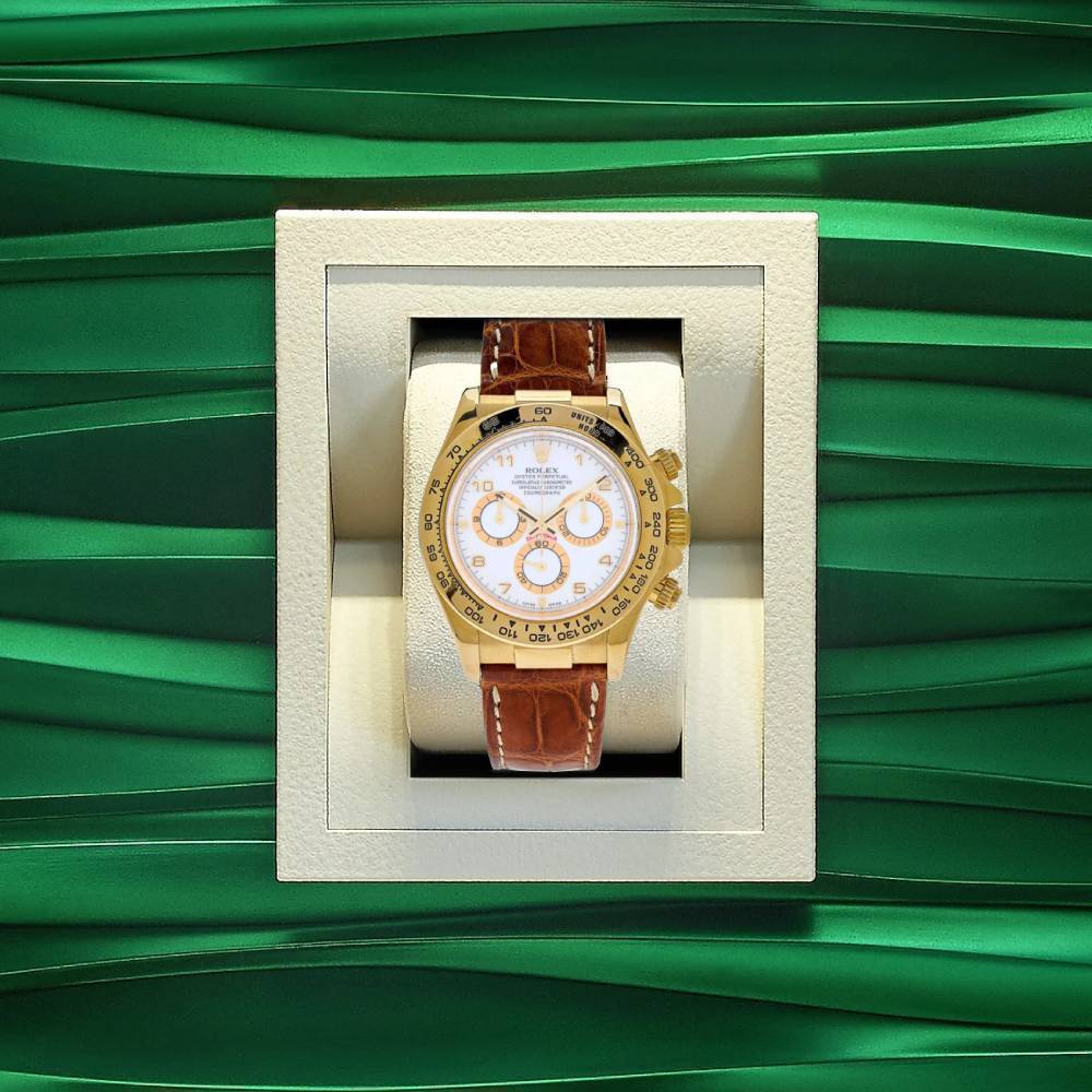 Rolex Cosmograph Daytona 40mm - Ref: 116518 wd - White Arabic Numerals Dial, 18K Yellow Gold & Brown Leather Strap Men's Watch