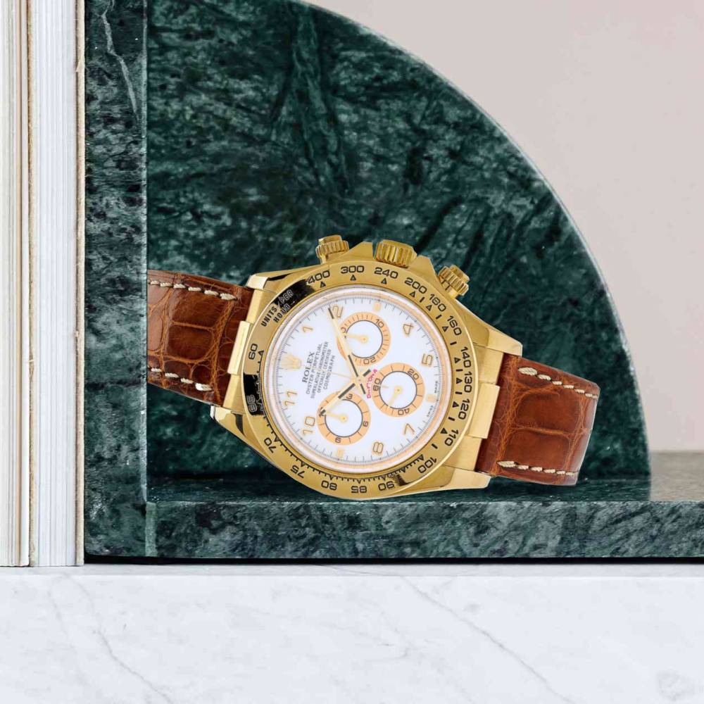 Rolex Cosmograph Daytona 40mm - Ref: 116518 wd - White Arabic Numerals Dial, 18K Yellow Gold & Brown Leather Strap Men's Watch