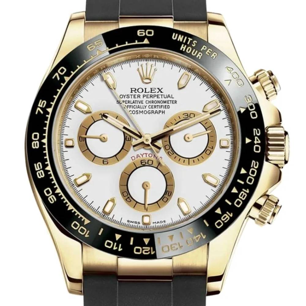 Rolex Cosmograph Daytona 40mm - Ref: 116518ln-0041 - White Index Dial & Ceramic Bezel, 18K Yellow Gold Case Black Oysterflex Bracelet Men's Watch