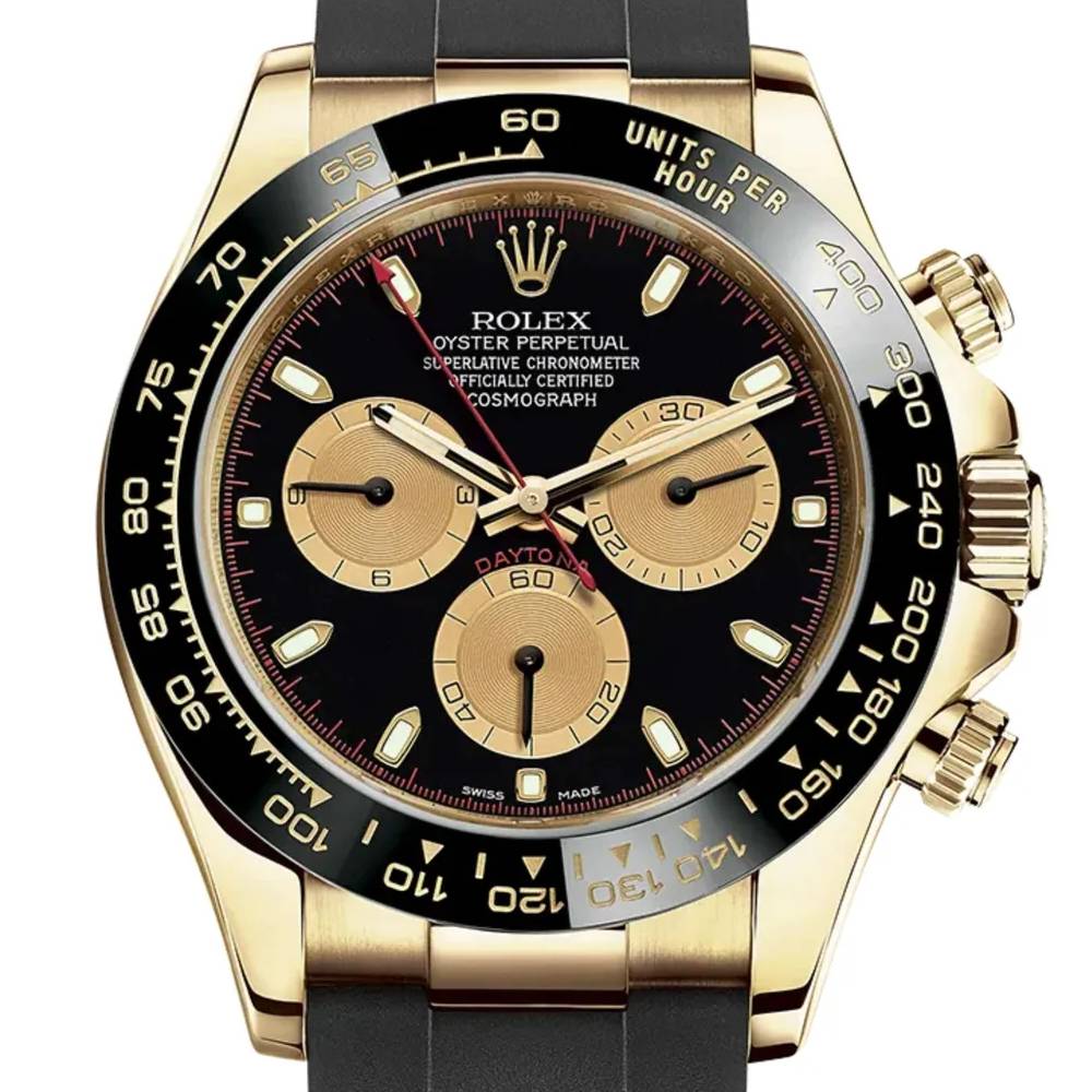 Rolex Cosmograph Daytona 40mm - Ref: 116518ln-0047 - Black & Champagne Index Dial & Ceramic Bezel, 18K Yellow Gold Case Black Oysterflex Bracelet Men's Watch