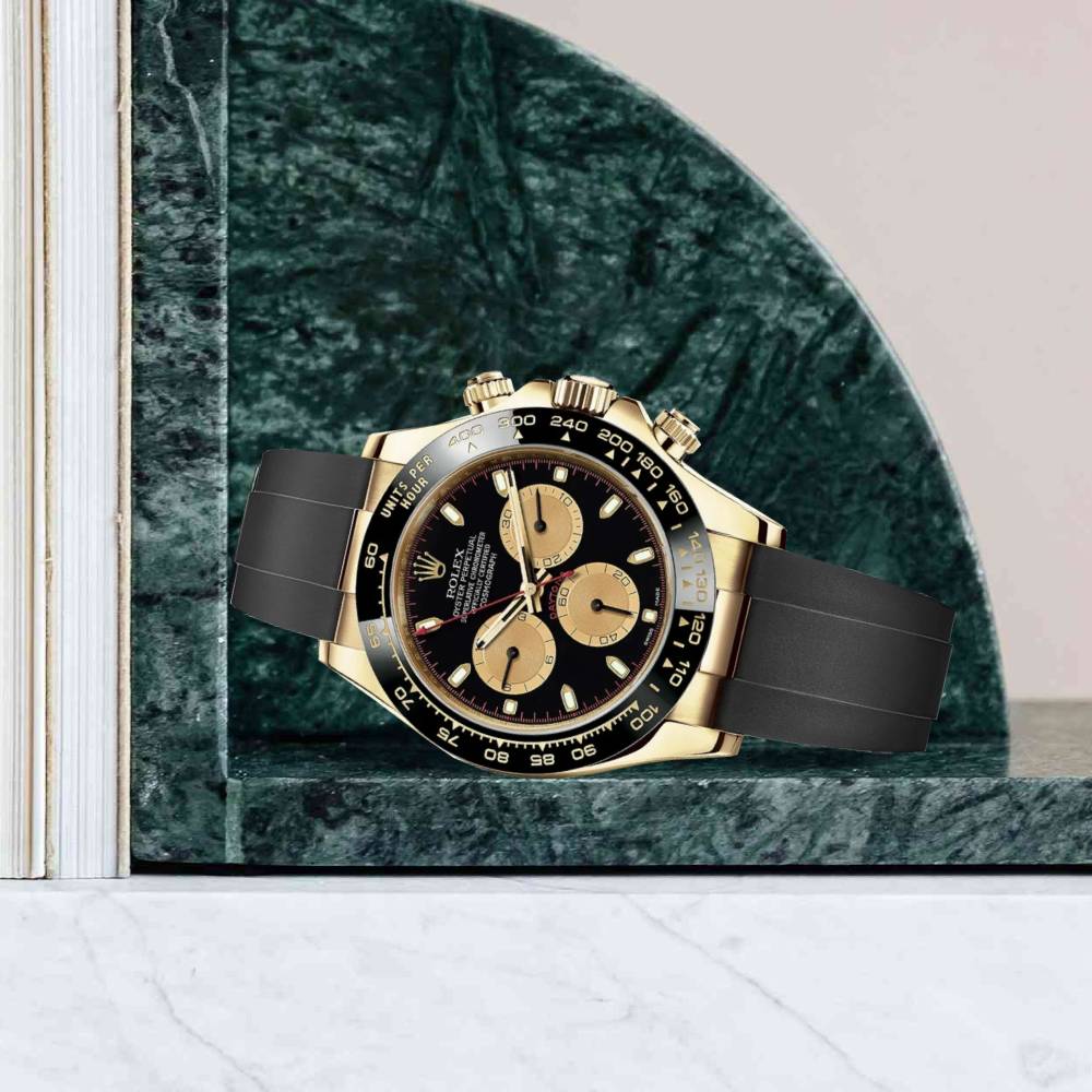 Rolex Cosmograph Daytona 40mm - Ref: 116518ln-0047 - Black & Champagne Index Dial & Ceramic Bezel, 18K Yellow Gold Case Black Oysterflex Bracelet Men's Watch