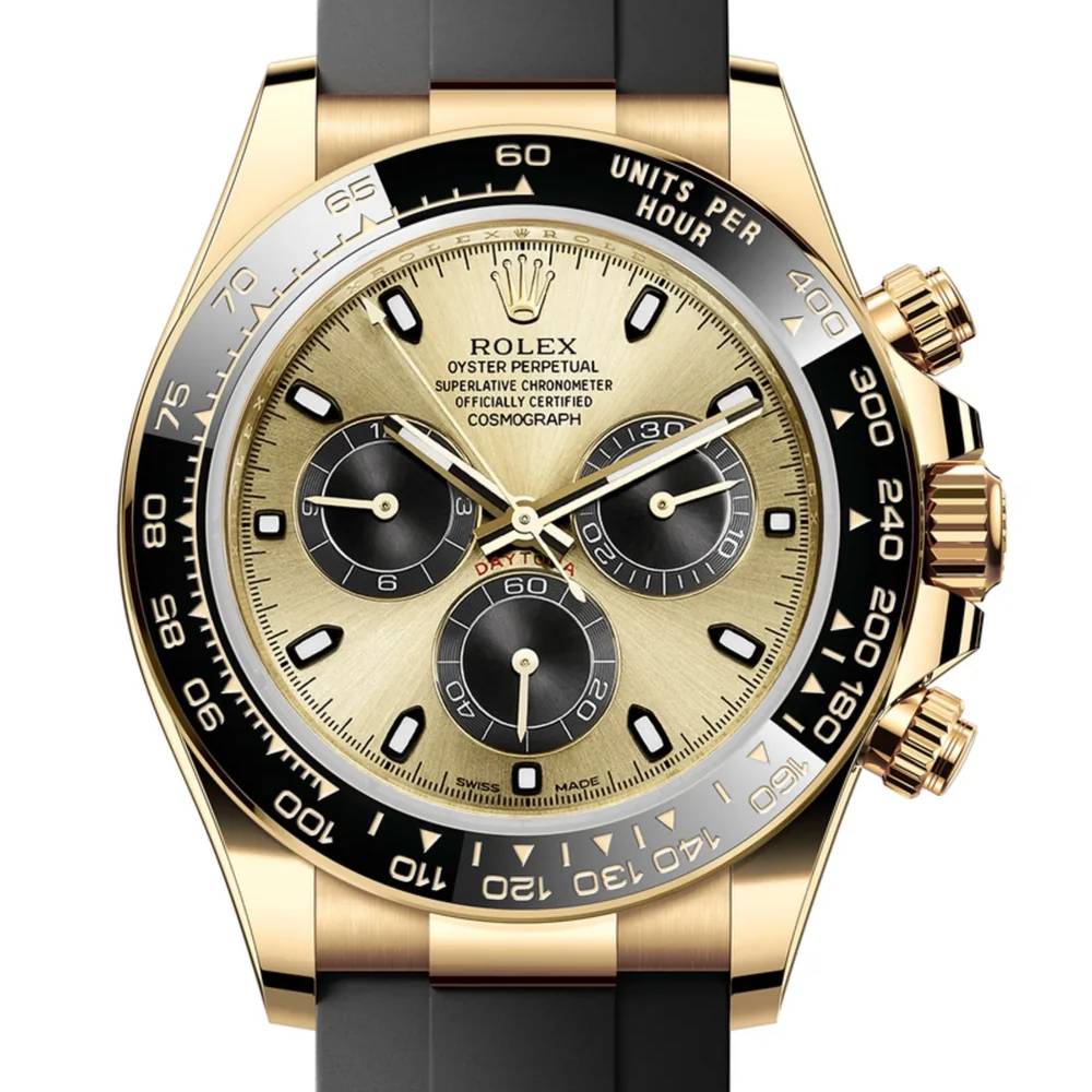 Rolex Cosmograph Daytona 40mm - Ref: 116518ln-0048 - Champagne & Black Index Dial & Ceramic Bezel, 18K Yellow Gold Case Black Oysterflex Bracelet Men's Watch