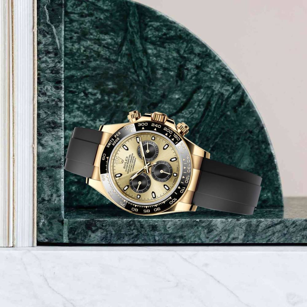 Rolex Cosmograph Daytona 40mm - Ref: 116518ln-0048 - Champagne & Black Index Dial & Ceramic Bezel, 18K Yellow Gold Case Black Oysterflex Bracelet Men's Watch