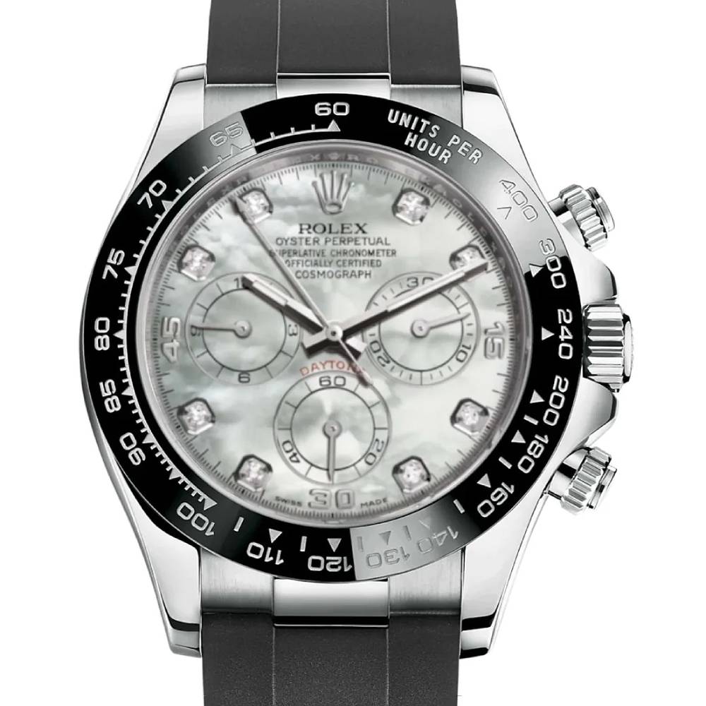 Rolex Cosmograph Daytona 40mm - Ref: 116519LN mdof - White mother of Pearl Diamond Dial & Ceramic Bezel, 18K White Gold Case Black Oysterflex Bracelet Men's Watch