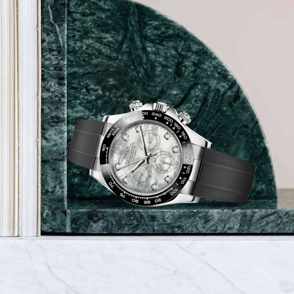 Rolex Cosmograph Daytona 40mm - Ref: 116519LN mdof - White mother of Pearl Diamond Dial & Ceramic Bezel, 18K White Gold Case Black Oysterflex Bracelet Men's Watch