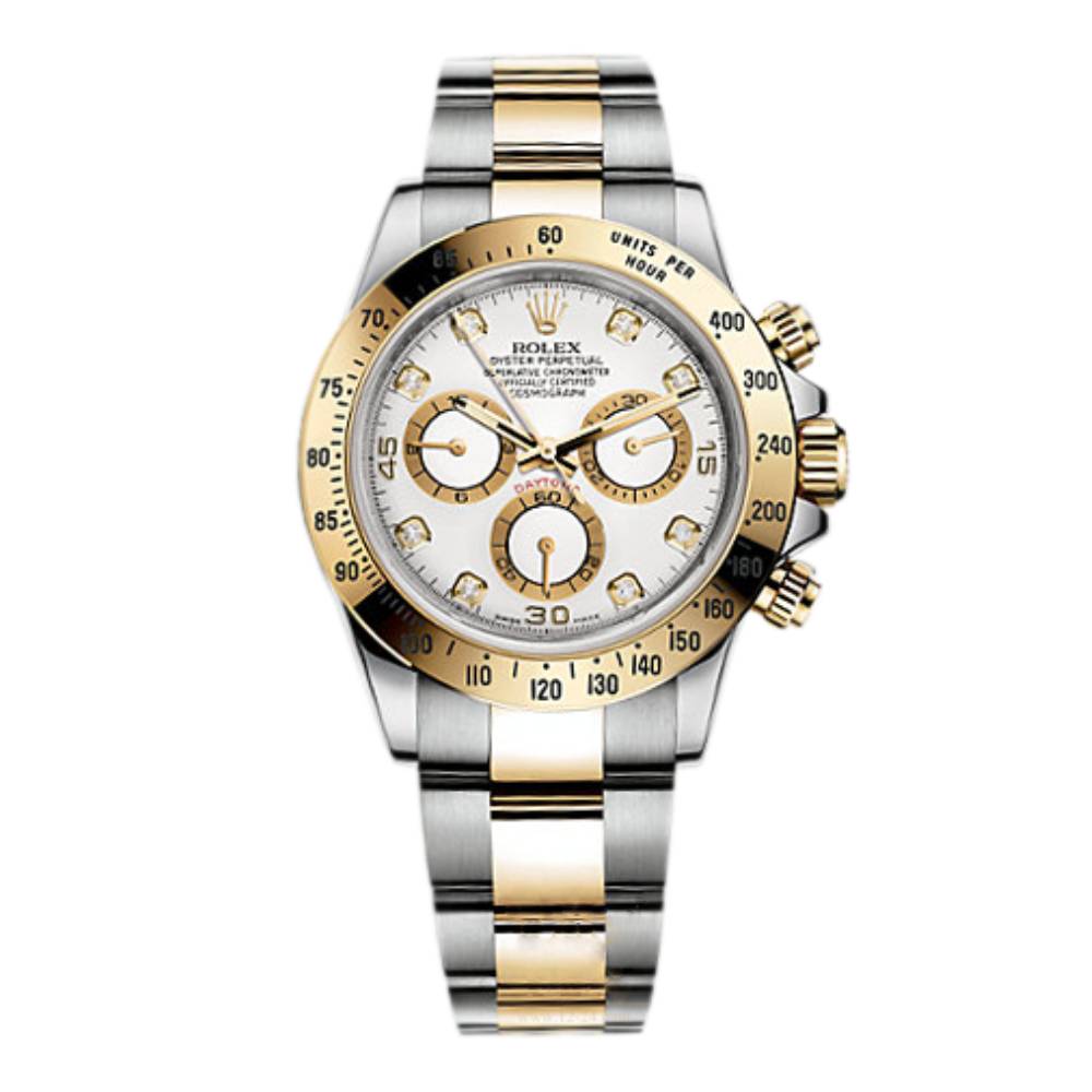 Rolex Cosmograph Daytona 40mm - Ref: 116523-0057 - White Diamond Dial & Gold Bezel, Two Tone Stainless Steel & 18K Yellow Gold Oyster Bracelet Men's Watch