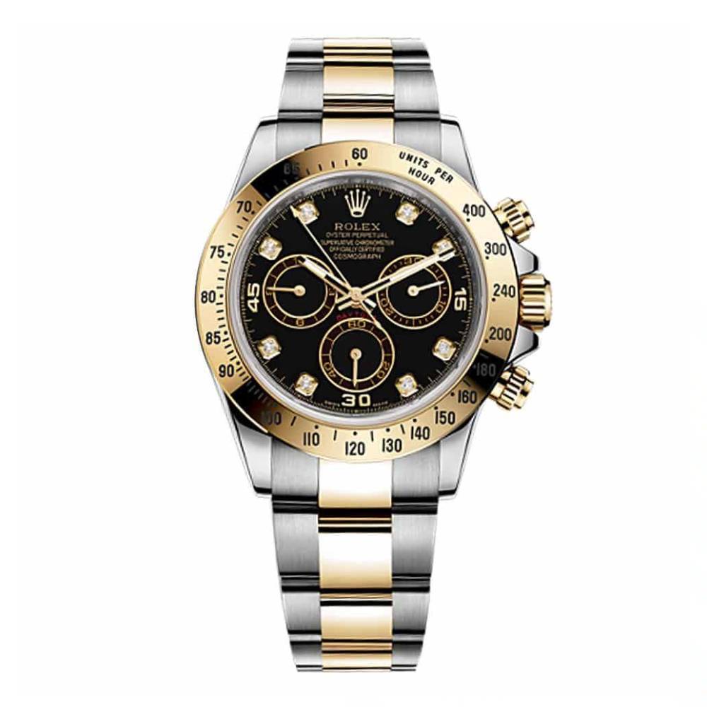 Rolex Cosmograph Daytona 40mm - Ref: 116523BKD - Black Diamond Dial & Gold Bezel, Two Tone Stainless Steel & 18K Yellow Gold Oyster Bracelet Men's Watch