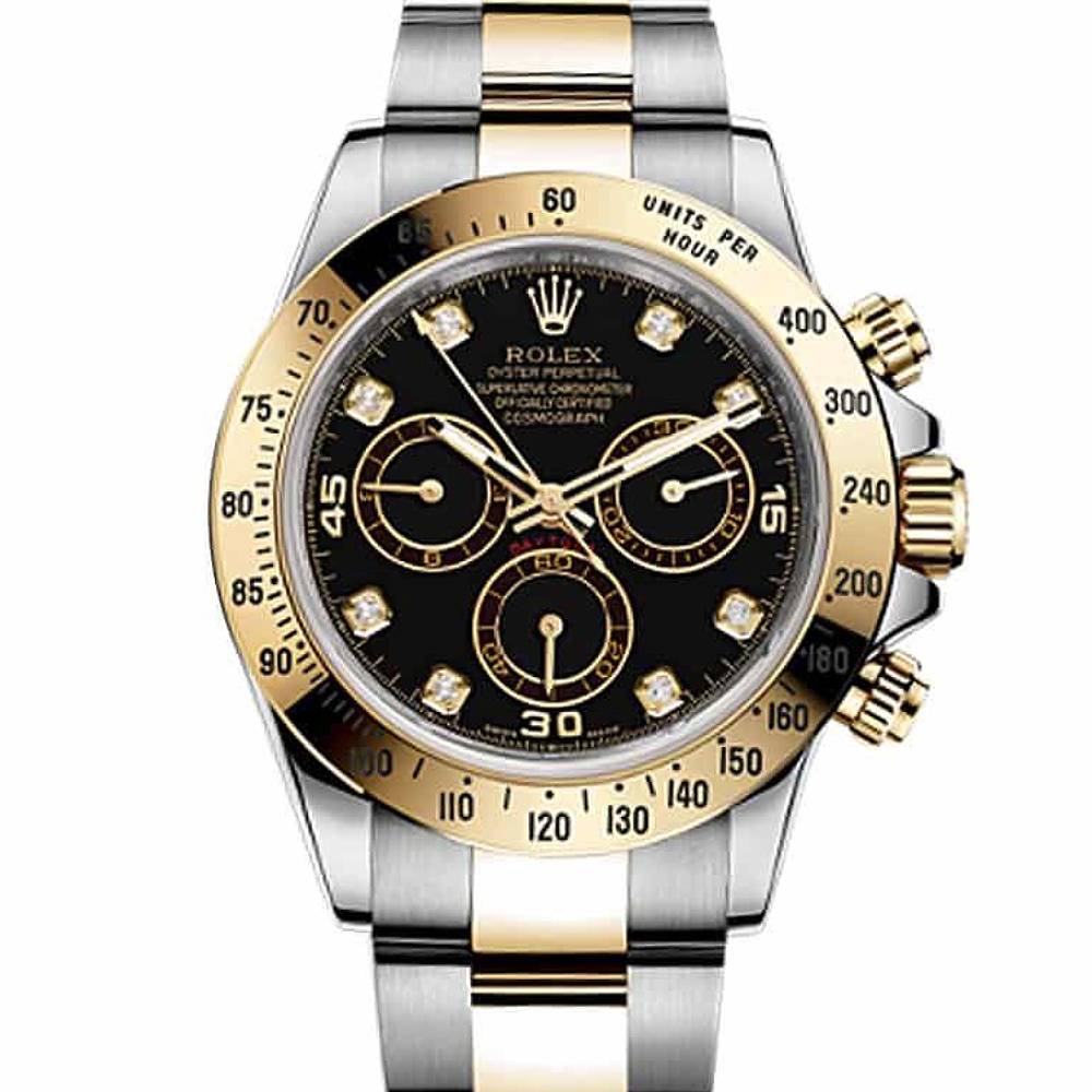 Rolex Cosmograph Daytona 40mm - Ref: 116523BKD - Black Diamond Dial & Gold Bezel, Two Tone Stainless Steel & 18K Yellow Gold Oyster Bracelet Men's Watch