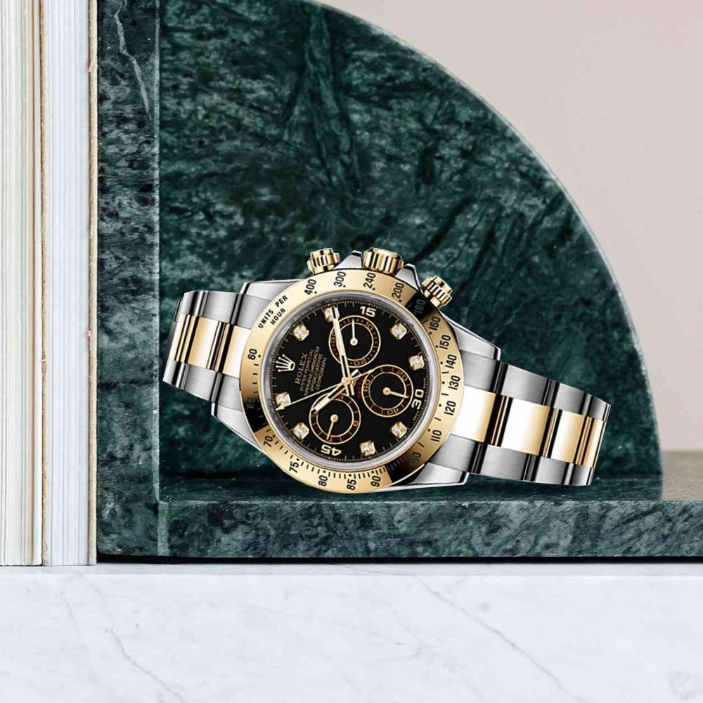 Rolex Cosmograph Daytona 40mm - Ref: 116523BKD - Black Diamond Dial & Gold Bezel, Two Tone Stainless Steel & 18K Yellow Gold Oyster Bracelet Men's Watch