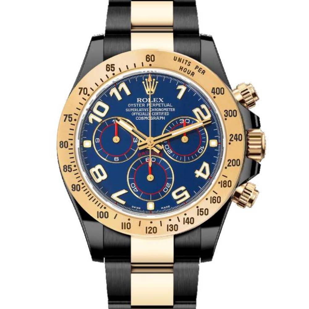 Rolex Cosmograph Daytona 40mm - Ref: 116523BKD - Blue Arabic Numerals Dial & Gold Bezel, Two Tone Black PVD & 18K Yellow Gold Oyster Bracelet Men's Watch