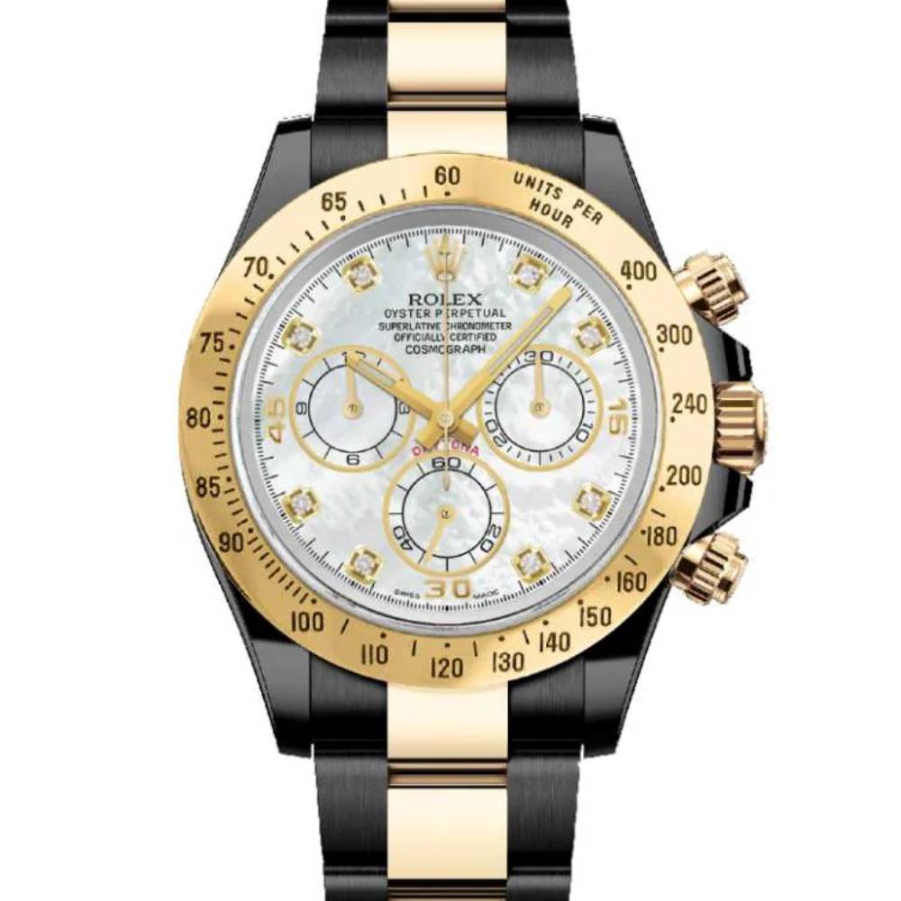 Rolex Cosmograph Daytona 40mm - Ref: 116523md - White Mother of Pearl Diamond Dial & Gold Bezel, Two Tone Black PVD & 18K Yellow Gold Oyster Bracelet Men's Watch