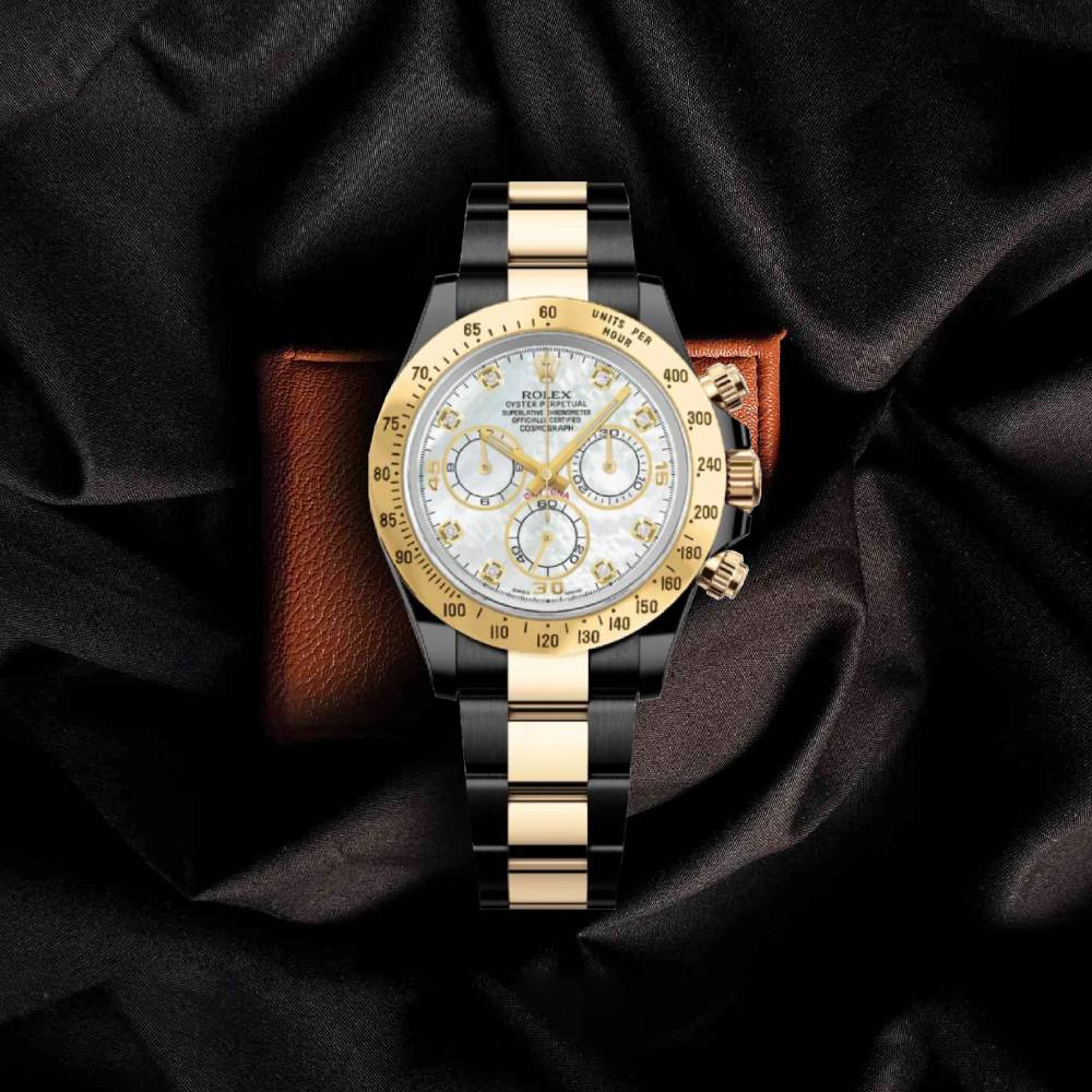 Rolex Cosmograph Daytona 40mm - Ref: 116523md - White Mother of Pearl Diamond Dial & Gold Bezel, Two Tone Black PVD & 18K Yellow Gold Oyster Bracelet Men's Watch