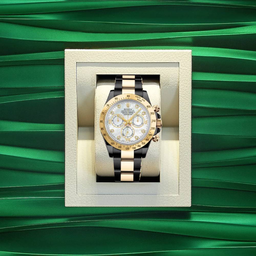 Rolex Cosmograph Daytona 40mm - Ref: 116523md - White Mother of Pearl Diamond Dial & Gold Bezel, Two Tone Black PVD & 18K Yellow Gold Oyster Bracelet Men's Watch