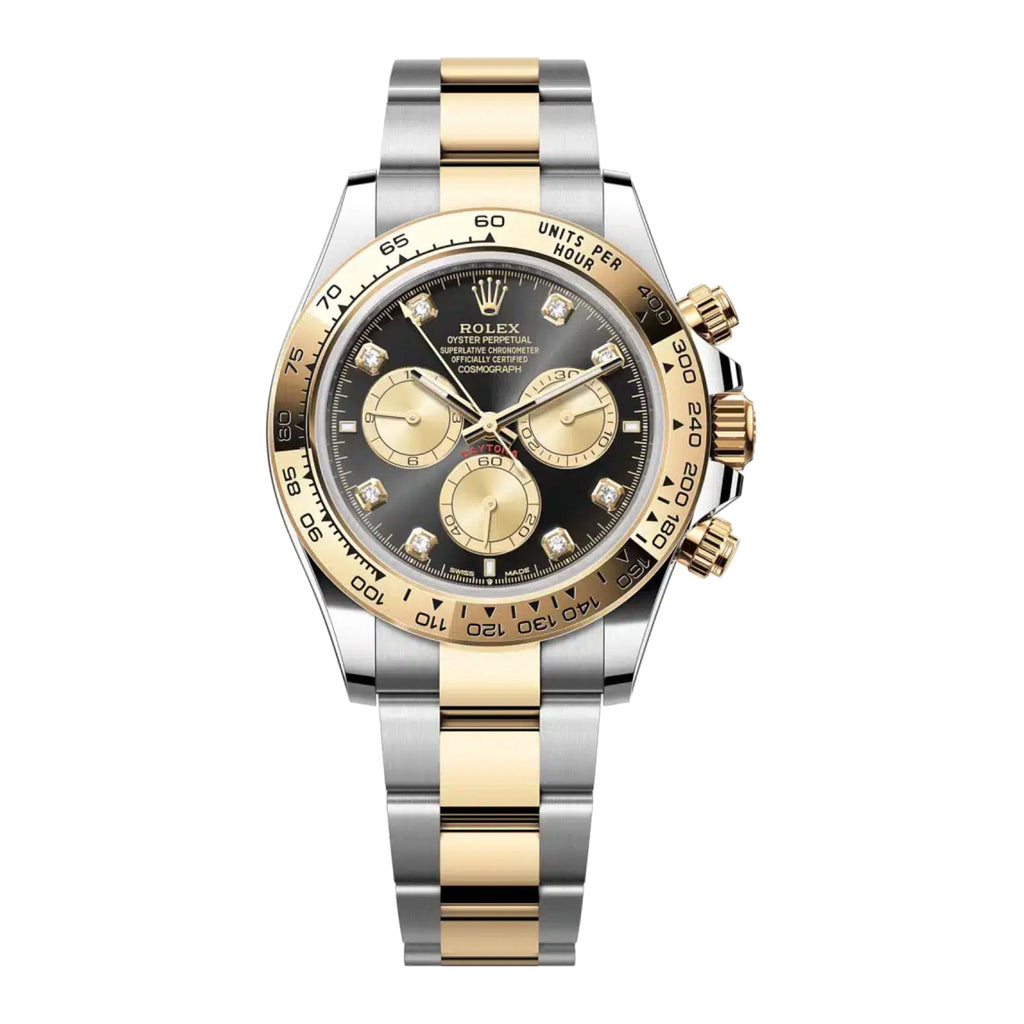 Rolex Cosmograph Daytona 40 mm | Two-Tone 18k Yellow gold Oyster bracelet | Bright black and golden Diamond dial | Men's Watch 126503