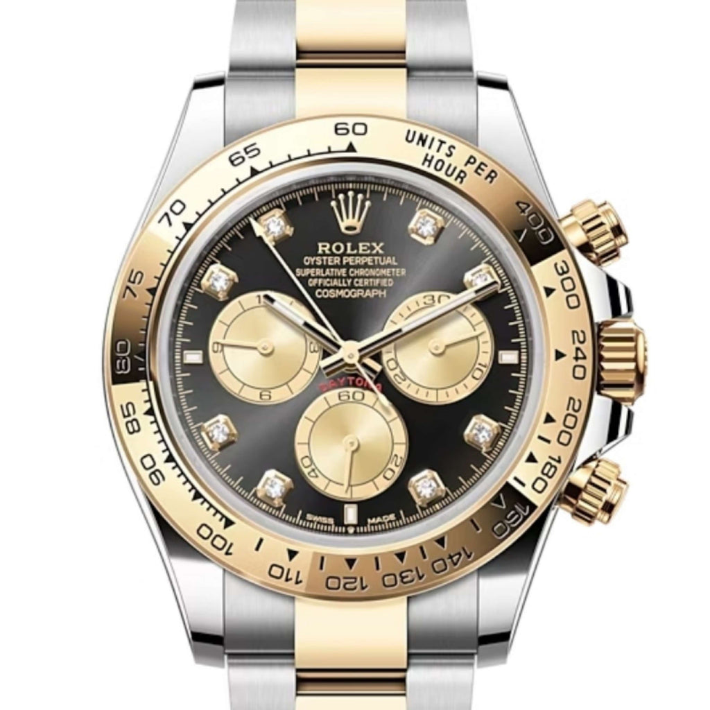 Rolex Cosmograph Daytona 40 mm | Two-Tone 18k Yellow gold Oyster bracelet | Bright black and golden Diamond dial | Men's Watch 126503