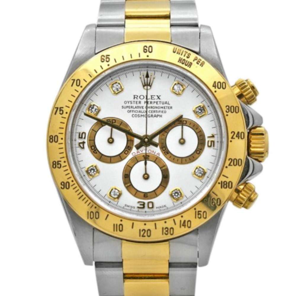 Rolex Cosmograph Daytona 40 mm | Two-Tone 18k Yellow Gold and Stainless Steel Oyster bracelet | White dial 18k Yellow gold bezel | Men's Watch 116523-0057