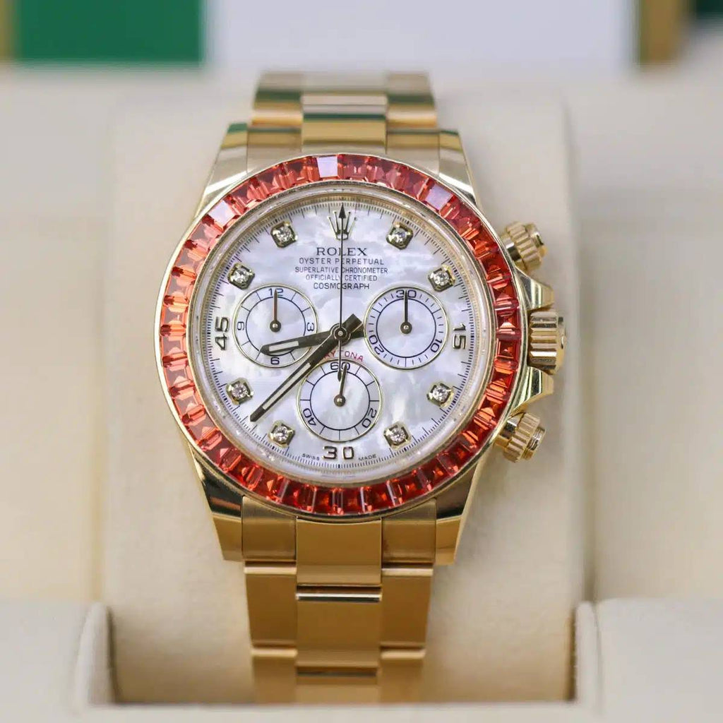 Rolex Cosmograph Daytona "SACO" 40mm | 14k Yellow Gold Oyster bracelet | Mother-of-pearl diamond dial Orange Sapphire bezel | Men's Watch 116578SACO