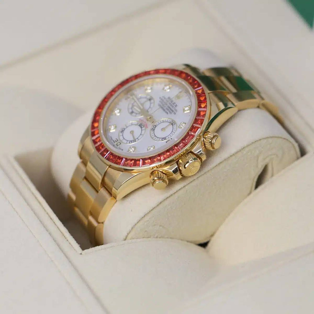 Rolex Cosmograph Daytona "SACO" 40mm | 14k Yellow Gold Oyster bracelet | Mother-of-pearl diamond dial Orange Sapphire bezel | Men's Watch 116578SACO