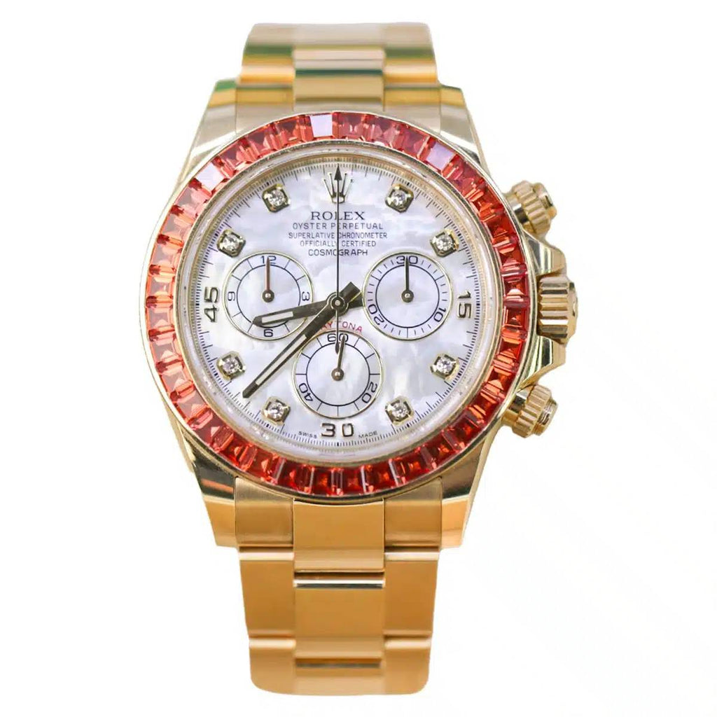 Rolex Cosmograph Daytona "SACO" 40mm | 14k Yellow Gold Oyster bracelet | Mother-of-pearl diamond dial Orange Sapphire bezel | Men's Watch 116578SACO