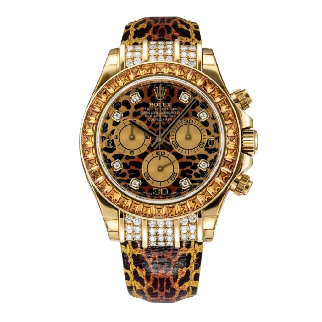 Rolex Cosmograph Daytona 'Leopard' 40 mm | Leopard print strap | Leopard print dial Cognac sapphires bezel | 18k Yellow Gold Case Men's Watch 116598