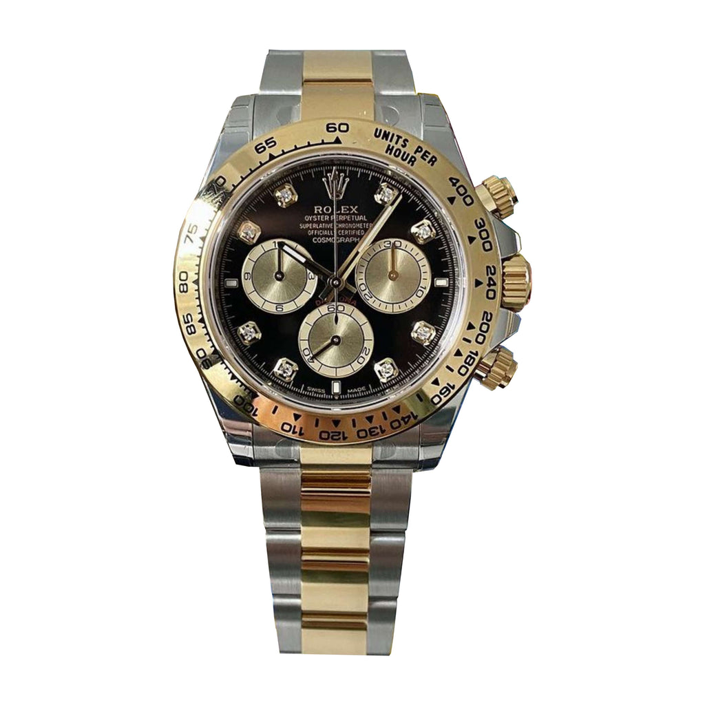 Rolex Cosmograph Daytona 40 mm | Two-Tone 18k Yellow gold Oyster bracelet | Bright black and golden Diamond dial | Men's Watch 126503