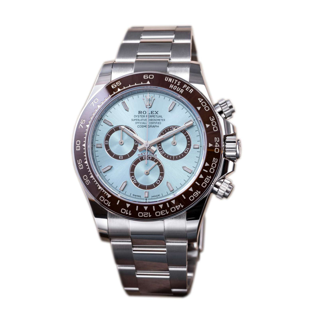 Rolex Cosmograph Daytona 40 mm | Platinum Oyster bracelet | Ice blue dial Chestnut brown bezel | Men's Watch 126506