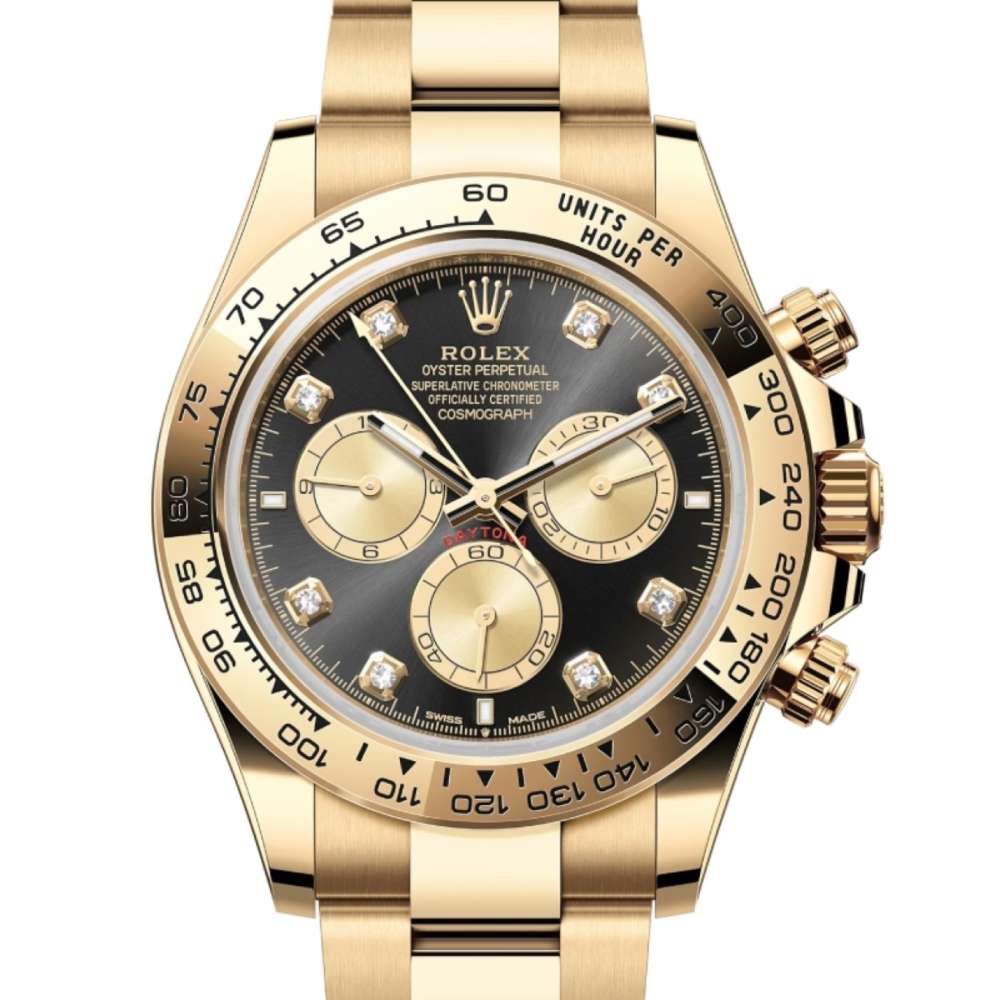 Rolex Cosmograph Daytona 40 mm | 18k Yellow gold Oyster bracelet | Bright black and golden Diamond dial | Men's Watch 126508