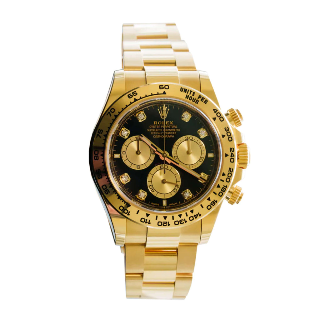 Rolex Cosmograph Daytona 40 mm | 18k Yellow gold Oyster bracelet | Bright black and golden Diamond dial | Men's Watch 126508