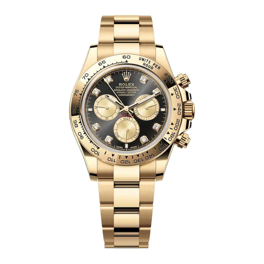 2023 Release Rolex Cosmograph Daytona 40 mm | 18k Yellow gold Oyster bracelet | Bright black and golden Diamond dial | Men's Watch 126508