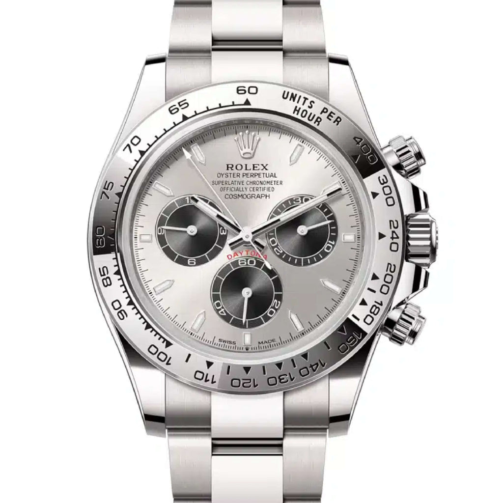 Rolex Cosmograph Daytona 40 mm | 18k White gold Oyster bracelet | Steel and bright black dial | Men's Watch 126509