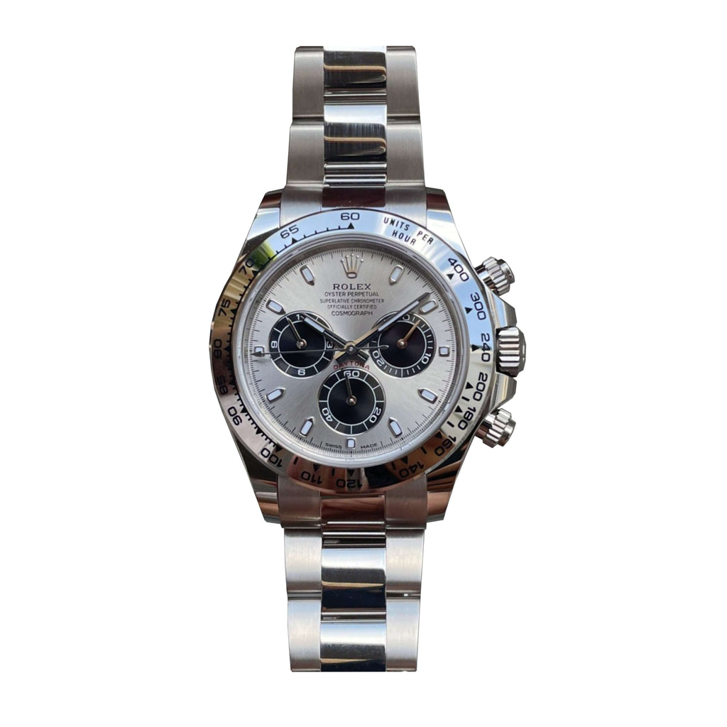 Rolex Cosmograph Daytona 40 mm | 18k White gold Oyster bracelet | Steel and bright black dial | Men's Watch 126509