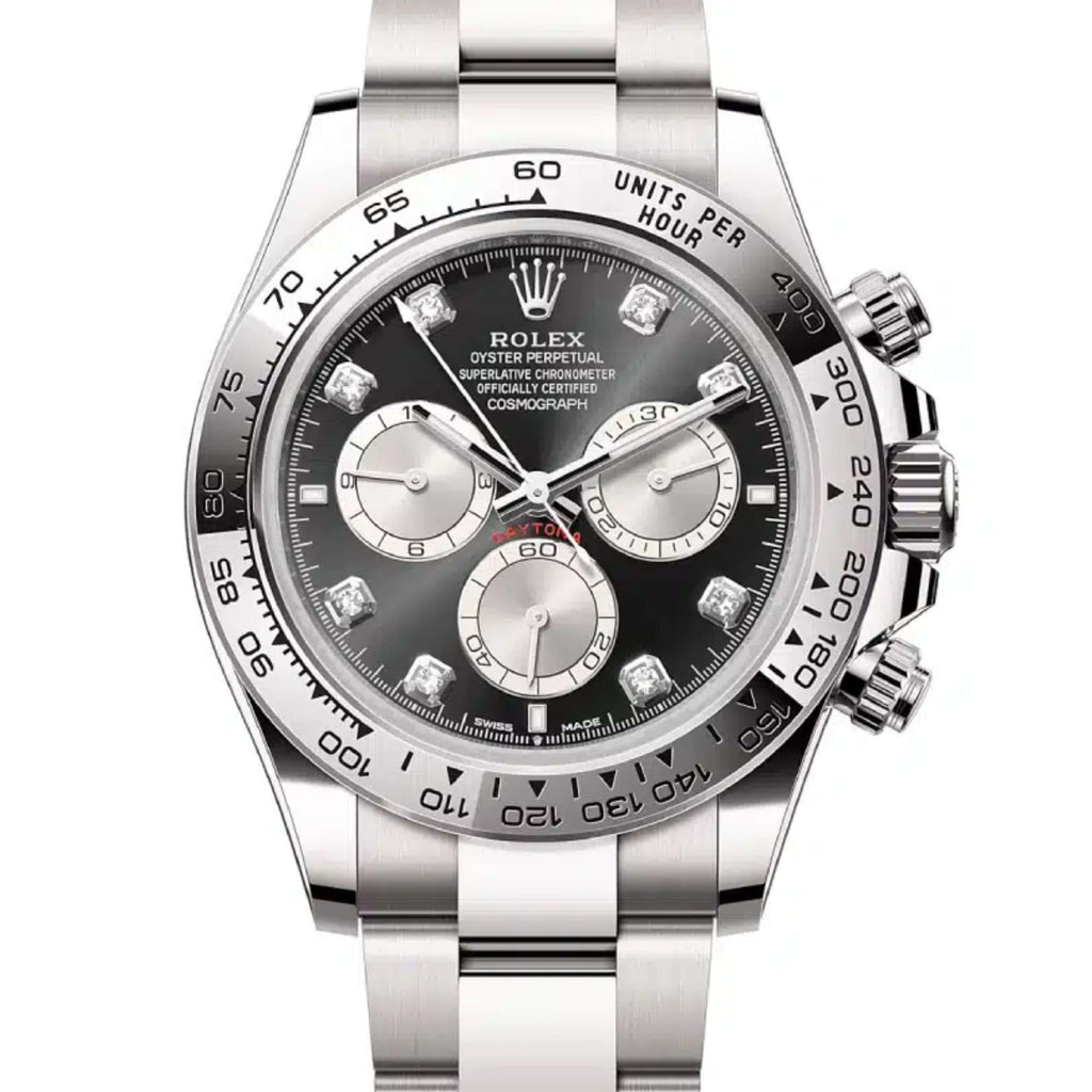 Rolex Cosmograph Daytona 40 mm | 18k White gold Oyster bracelet | Bright black and steel Diamond dial | Men's Watch 126509