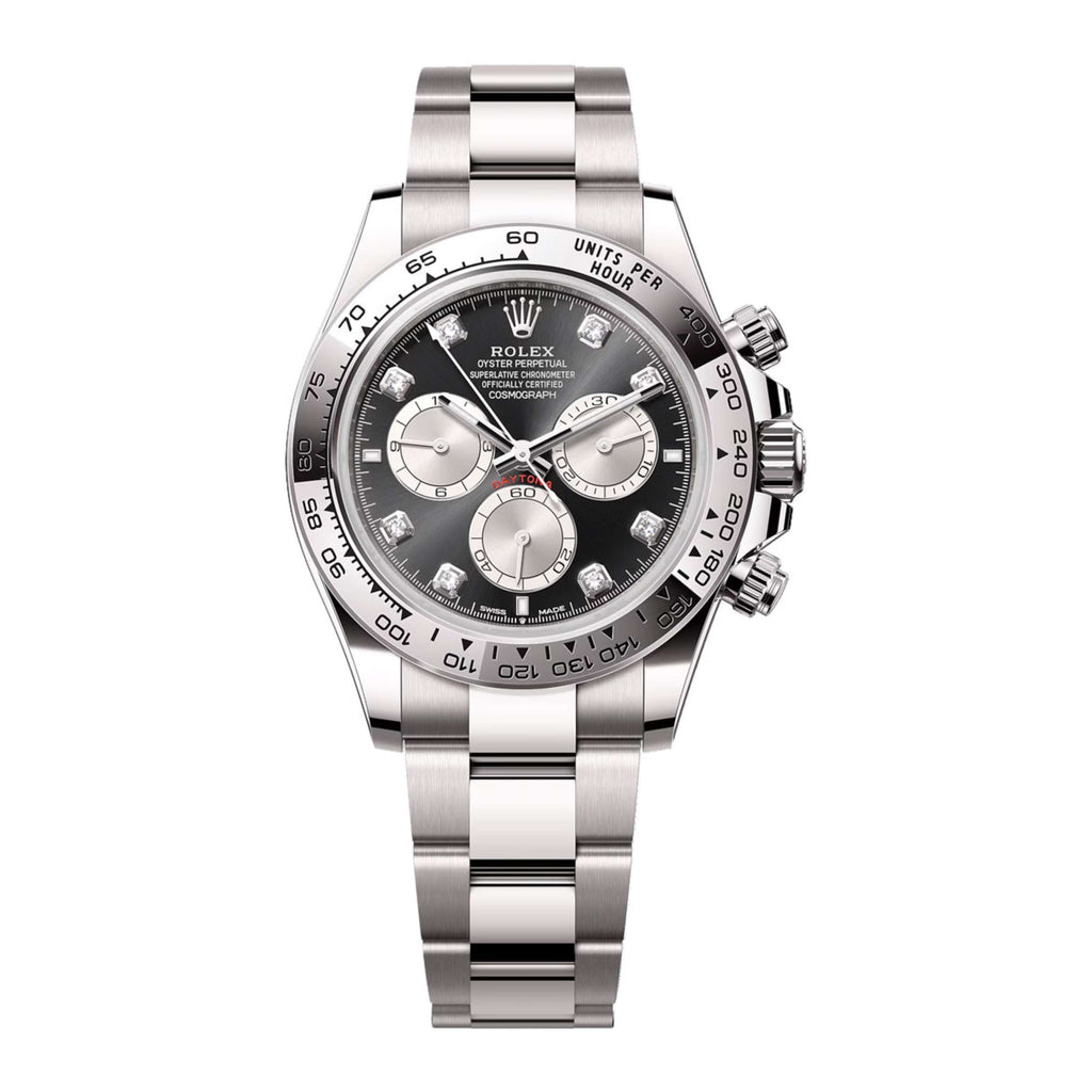 2023 Release Rolex Cosmograph Daytona 40 mm | 18k White gold Oyster bracelet | Bright black and steel Diamond dial | Men's Watch 126509