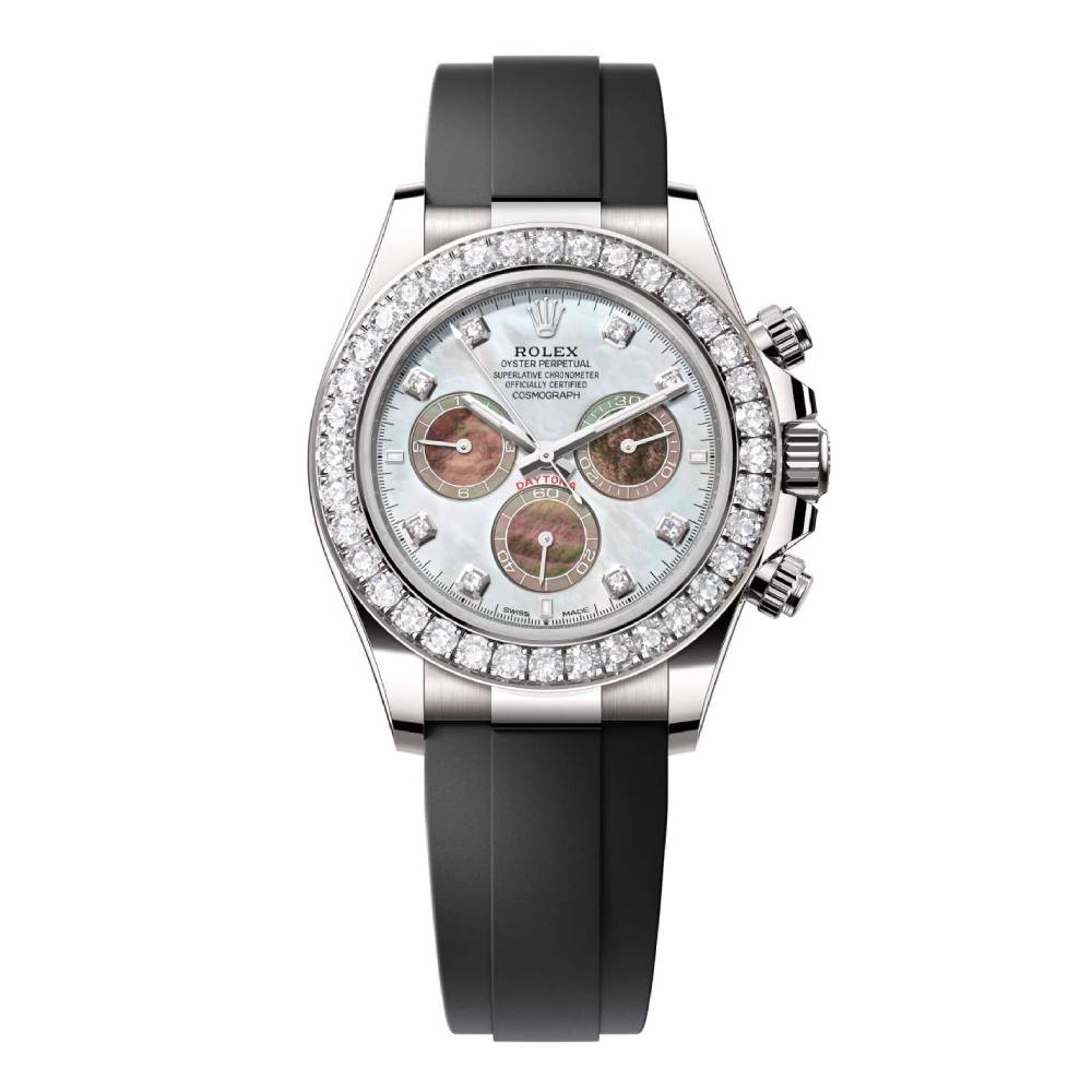 Rolex Cosmograph Daytona 40mm - Ref: 126589rbr-0001 - White & Black Mother of Pearl Diamond Dial & Diamond Bezel, 18K White Gold Case Black Oysterflex Bracelet Men's Watch