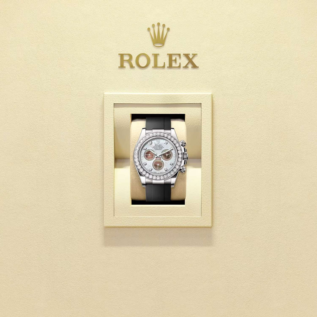 Rolex Cosmograph Daytona 40 mm | Oysterflex Bracelet | White and Black mother-of-pearl dial Diamond bezel | 18k white gold Case Men's Watch 126589rbr-0001