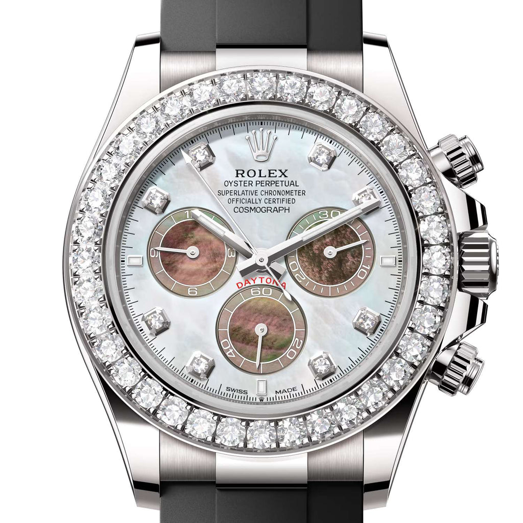 Rolex Cosmograph Daytona 40 mm | Oysterflex Bracelet | White and Black mother-of-pearl dial Diamond bezel | 18k white gold Case Men's Watch 126589rbr-0001